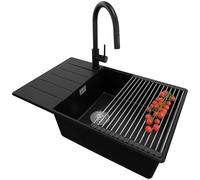 PRIMAGRAN Lavandino da Cucina Nero 78x50cm, Lavello in Granito a 1 vasca + Rubinetto 40x20cm + Set di accessori, Lavabo Incasso al mobile 60cm - Copenhagen S431