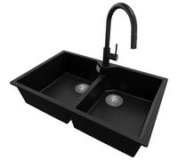 PRIMAGRAN Lavandino da Cucina Nero 78x50cm, Lavello in Granito a 2 vasche + Rubinetto 40x20cm + Set di accessori, Lavabo da Cucina Incasso al Mobile 80cm - Madrid Twin S015