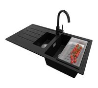 PRIMAGRAN Lavandino da Cucina Nero 90x50cm, Lavello in Granito a 1,5 vasche + Rubinetto 32x20cm + Set di accessori, Lavabo Incasso al mobile 60cm - Copenhagen Duo S040