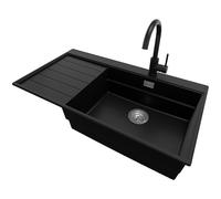 PRIMAGRAN Lavandino da Cucina Nero 90x50cm, Lavello in Granito a 1 vasca + Rubinetto 32x20cm + Set di accessori, Lavabo da Cucina Incasso al Mobile 60cm - Sydney Ergo S393