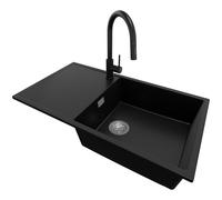 PRIMAGRAN Lavandino da Cucina Nero 90x50cm, Lavello in Granito a 1 vasca + Rubinetto 40x20cm + Sifone Classico, Lavabo Incasso al mobile 60cm - Ibiza S046