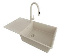 PRIMAGRAN Lavandino da Cucina Tutto Beige 90x50cm, Lavello in Granito a 1 vasca + Rubinetto 40x20cm + Set di accessori, Lavabo da Cucina Incasso al Mobile 60cm - Copenhagen Top S684