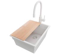 PRIMAGRAN Lavandino da Cucina Tutto Bianco 36x47cm, Lavello in Granito a 1 vasca + Rubinetto 38x14cm + Set di accessori, Lavabo Incasso al mobile 40cm - Prague Slim