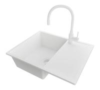 PRIMAGRAN Lavandino da Cucina Tutto Bianco 62x50cm, Lavello in Granito a 1 vasca + Rubinetto 38x14cm + Sifone Classico, Lavabo Incasso al mobile 45cm - Ibiza