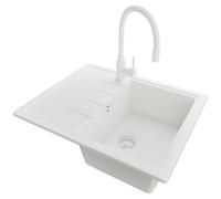 PRIMAGRAN Lavandino da Cucina Tutto Bianco 62x50cm, Lavello in Granito a 1 vasca + Rubinetto 38x14cm + Sifone Classico, Lavabo Incasso al mobile 40cm - Milano