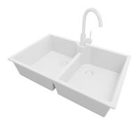 PRIMAGRAN Lavandino da Cucina Tutto Bianco 78x50cm, Lavello in Granito a 2 vasche + Rubinetto 32x20cm + Sifone Classico, Lavabo Incasso al mobile 80cm - Madrid Twin S012