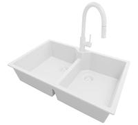 PRIMAGRAN Lavandino da Cucina Tutto Bianco 78x50cm, Lavello in Granito a 2 vasche + Rubinetto 40x20cm + Sifone Classico, Lavabo Incasso al mobile 80cm - Madrid Twin S016