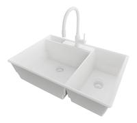 PRIMAGRAN Lavandino da Cucina Tutto Bianco 78x53cm, Lavello in Granito a 2 vasche + Rubinetto 38x14cm + Sifone Classico, Lavabo Incasso al mobile 80cm - Parigi