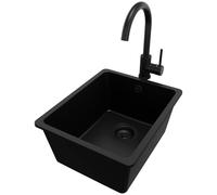 PRIMAGRAN Lavandino da Cucina Tutto Nero 36x44cm, Lavello in Granito a 1 vasca + Rubinetto 32x20cm + Set di accessori, Lavabo da Cucina Incasso al Mobile 40cm - Venezia Easy Slim S010