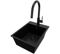 PRIMAGRAN Lavandino da Cucina Tutto Nero 38x50cm, Lavello in Granito a 1 vasca + Rubinetto 40x20cm + Sifone Classico, Lavabo Incasso al mobile 40cm - Riga S014