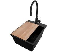 PRIMAGRAN Lavandino da Cucina Tutto Nero 38x50cm, Lavello in Granito a 1 vasca + Rubinetto 40x38cm + Set di accessori, Lavabo da Cucina Incasso al Mobile 40cm - Riga S096