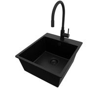 PRIMAGRAN Lavandino da Cucina Tutto Nero 43x50cm, Lavello in Granito a 1 vasca + Rubinetto 40x38cm + Sifone Classico, Lavabo Incasso al mobile 45cm - Riga S087