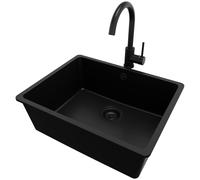 PRIMAGRAN Lavandino da Cucina Tutto Nero 56x44cm, Lavello in Granito a 1 vasca + Rubinetto 32x20cm + Set di accessori, Lavabo da Cucina Incasso al Mobile 60cm - Venezia Easy Slim S072