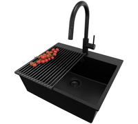 PRIMAGRAN Lavandino da Cucina Tutto Nero 58x50cm, Lavello in Granito a 1 vasca + Rubinetto 40x20cm + Set di accessori, Lavabo Incasso al mobile 60cm - Riga S221