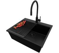 PRIMAGRAN Lavandino da Cucina Tutto Nero 58x50cm, Lavello in Granito a 1 vasca + Rubinetto 40x38cm + Set di accessori, Lavabo Incasso al mobile 60cm - Oslo S283