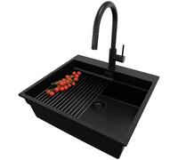 PRIMAGRAN Lavandino da Cucina Tutto Nero 58x53cm, Lavello da Cucina a 1 vasca + Rubinetto 40x20cm + Sifone Classico + Scolapasta avvolgibile, Lavabo da Cucina Incasso al mobile 60cm - Oslo Max