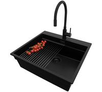 PRIMAGRAN Lavandino da Cucina Tutto Nero 58x53cm, Lavello da Cucina a 1 vasca + Rubinetto 40x38cm + Sifone Classico + Scolapasta avvolgibile, Lavabo da Cucina Incasso al mobile 60cm - Oslo Max