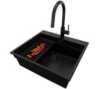 PRIMAGRAN Lavandino da Cucina Tutto Nero 58x53cm, Lavello in Granito a 1 vasca + Rubinetto 40x20cm + Set di accessori, Lavabo Incasso al mobile 60cm - Oslo Max S040