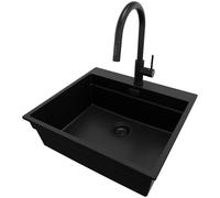 PRIMAGRAN Lavandino da Cucina Tutto Nero 58x53cm, Lavello in Granito a 1 vasca + Rubinetto 40x20cm + Sifone Classico, Lavabo Incasso al mobile 60cm - Oslo Max S014