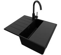 PRIMAGRAN Lavandino da Cucina Tutto Nero 62x50cm, Lavello in Granito a 1 vasca + Rubinetto 32x20cm + Set di accessori, Lavabo Incasso al mobile 45cm - Copenhagen S229