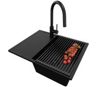 PRIMAGRAN Lavandino da Cucina Tutto Nero 62x50cm, Lavello in Granito a 1 vasca + Rubinetto 40x20cm + Set di accessori, Lavabo Incasso al mobile 45cm - Ibiza S032