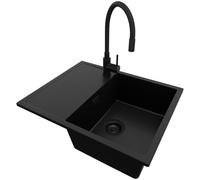 PRIMAGRAN Lavandino da Cucina Tutto Nero 62x50cm, Lavello in Granito a 1 vasca + Rubinetto 40x38cm + Set di accessori, Lavabo da Cucina Incasso al Mobile 45cm - Ibiza S022