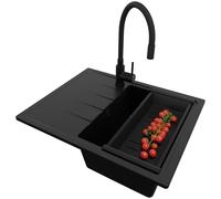 PRIMAGRAN Lavandino da Cucina Tutto Nero 62x50cm, Lavello in Granito a 1 vasca + Rubinetto 40x38cm + Set di accessori, Lavabo Incasso al mobile 40cm - Milano S096