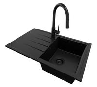PRIMAGRAN Lavandino da Cucina Tutto Nero 78x50cm, Lavello da Cucina a 1 vasca + Sifone Classico + Rubinetto 40x22cm, Lavabo da Cucina Incasso al mobile 45cm - Milano