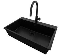 PRIMAGRAN Lavandino da Cucina Tutto Nero 78x50cm, Lavello in Granito a 1 vasca + Rubinetto 40x20cm + Sifone Classico, Lavabo Incasso al mobile 80cm - Riga S236