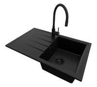 PRIMAGRAN Lavandino da Cucina Tutto Nero 78x50cm, Lavello in Granito a 1 vasca + Rubinetto 40x38cm + Sifone Classico, Lavabo Incasso al mobile 45cm - Milano S018