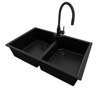 PRIMAGRAN Lavandino da Cucina Tutto Nero 78x50cm, Lavello in Granito a 2 vasche + Rubinetto 40x38cm + Sifone Classico, Lavabo Incasso al mobile 80cm - Madrid Twin S018