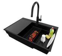 PRIMAGRAN Lavandino da Cucina Tutto Nero 78x53cm, Lavello da Cucina a 1 vasca + Rubinetto 40x20cm + Sifone Classico + Tagliere, Lavabo da Cucina Incasso al mobile 80cm - Oslo Max
