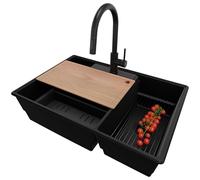 PRIMAGRAN Lavandino da Cucina Tutto Nero 78x53cm, Lavello in Granito a 2 vasche + Rubinetto 40x20cm + Set di accessori, Lavabo Incasso al mobile 80cm - Parigi S047