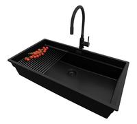 PRIMAGRAN Lavandino da Cucina Tutto Nero 86x47cm, Lavello in Granito a 1 vasca + Rubinetto 40x38cm + Set di accessori, Lavabo da Cucina Incasso al Mobile 90cm - Prague S690