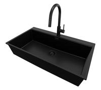 PRIMAGRAN Lavandino da Cucina Tutto Nero 88x50cm, Lavello in Granito a 1 vasca + Rubinetto 40x20cm + Sifone Classico, Lavabo Incasso al mobile 90cm - Oslo S404