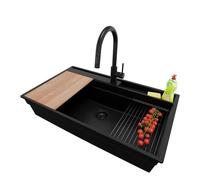 PRIMAGRAN Lavandino da Cucina Tutto Nero 88x53cm, Lavello in Granito a 1 vasca + Rubinetto 40x20cm + Set di accessori, Lavabo Incasso al mobile 90cm - Oslo Pocket S302