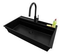 PRIMAGRAN Lavandino da Cucina Tutto Nero 88x53cm, Lavello in Granito a 1 vasca + Rubinetto 40x20cm + Sifone Classico, Lavabo Incasso al mobile 90cm - Oslo Pocket S284
