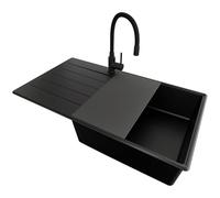 PRIMAGRAN Lavandino da Cucina Tutto Nero 90x50cm, Lavello in Granito a 1 vasca + Rubinetto 40x38cm + Set di accessori, Lavabo da Cucina Incasso al Mobile 60cm - Copenhagen Top S752