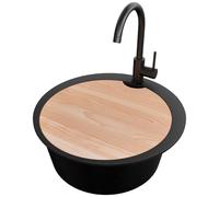 PRIMAGRAN Lavandino Rotondo Nero 53x53cm, Lavello in Granito a 1 vasca + Rubinetto 32x20cm + Set di accessori, Lavabo da Cucina Incasso al Mobile 50cm - Pise S045
