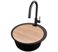 PRIMAGRAN Lavandino Rotondo Nero 53x53cm, Lavello in Granito a 1 vasca + Rubinetto 40x20cm + Set di accessori, Lavabo da Cucina Incasso al Mobile 50cm - Pise S053