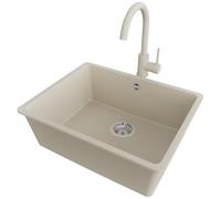 PRIMAGRAN Lavandino sottotop Beige 56x44cm, Lavello in Granito a 1 vasca + Rubinetto 32x20cm + Set di accessori, Lavabo da Cucina al Mobile 60cm - Venezia Easy S077
