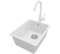 PRIMAGRAN Lavandino sottotop Bianco 36x44cm, Lavello in Granito a 1 vasca + Rubinetto 32x20cm + Sifone Classico, Lavabo da Cucina al mobile 40cm - Venezia Easy S029