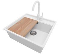 PRIMAGRAN Lavandino sottotop Bianco 56x53cm, Lavello in Granito a 1 vasca + Rubinetto 32x20cm + Set di accessori, Lavabo da Cucina al mobile 60cm - Bergen S114