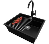 PRIMAGRAN Lavandino sottotop Nero 56x47cm, Lavello in Granito a 1 vasca + Rubinetto 32x20cm + Set di accessori, Lavabo da Cucina al Mobile 60cm - Prague Level S285