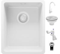 PRIMAGRAN Lavandino sottotop Tutto Bianco 36x44cm, Lavello in Granito a 1 vasca + Rubinetto 32x20cm + Sifone Classico, Lavabo da Cucina al mobile 40cm - Venezia Easy S030