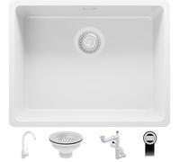 PRIMAGRAN Lavandino sottotop Tutto Bianco 56x44cm, Lavello in Granito a 1 vasca + Rubinetto 32x20cm + Sifone Classico, Lavabo da Cucina al mobile 60cm - Venezia Easy S048