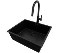 PRIMAGRAN Lavandino sottotop Tutto Nero 56x47cm, Lavello in Granito a 1 vasca + Rubinetto 40x20cm + Sifone Classico, Lavabo da Cucina al mobile 60cm - London S185
