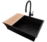 PRIMAGRAN Lavandino sottotop Tutto Nero 66x47cm, Lavello in Granito a 1 vasca + Rubinetto 40x38cm + Set di accessori, Lavabo da Cucina al mobile 70cm - Prague S508