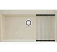 PRIMAGRAN Lavello da Cucina Beige 88x50cm, Lavandino in Granito a 1 vasca + Sifone Classico + Scolapasta avvolgibile, Lavabo Incasso al mobile 90cm - Oslo S414