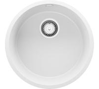 PRIMAGRAN Lavello da Cucina Bianco 46x46cm, Lavandino in Granito a 1 vasca + Sifone Classico, Lavabo da Cucina Incasso al Mobile 50cm - La Valletta Slim S002